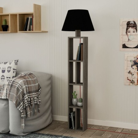 Lampada da Terra con Libreria Legno Paralume Nero Attacco Lampadina E27 Salotto