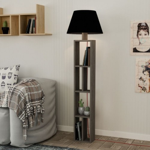Lampada da Terra con Libreria Legno Paralume Nero Attacco Lampadina E27 Salotto