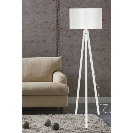 Lampada da Terra E27 Treppiede in Legno Bianco Paralume in Tessuto Interruttore