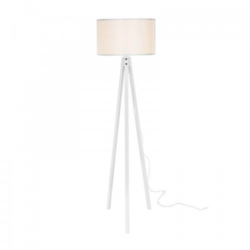 Lampada da Terra E27 Treppiede in Legno Bianco Paralume in Tessuto Interruttore
