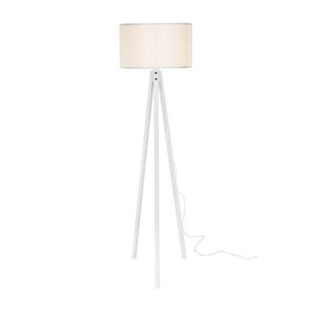 Lampada da Terra E27 Treppiede in Legno Bianco Paralume in Tessuto Interruttore