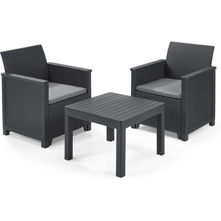 Salottino Poltrone Grafite Moderno con Cuscini Balcone Tavolo Giardino in Resina