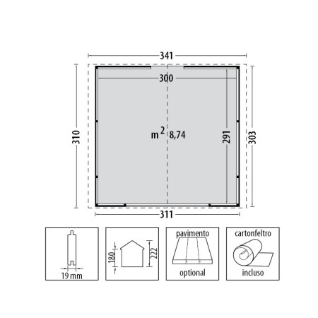 Casetta in Legno 310x180 a Pannelli 19 mm Chiosco Capanno da Giardino Spiaggia | BricoShop24