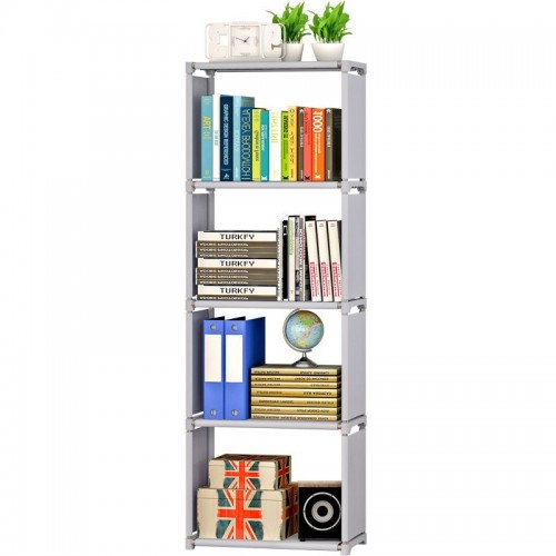 Libreria a giorno grigia con struttura in metallo e piani in plastica