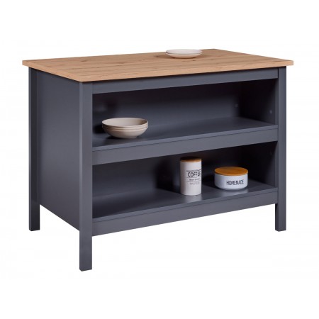 Tavolo penisola in legno colore grigio e quercia 124x75 cm con ripiani removibili per infilare gli sgabelli alti