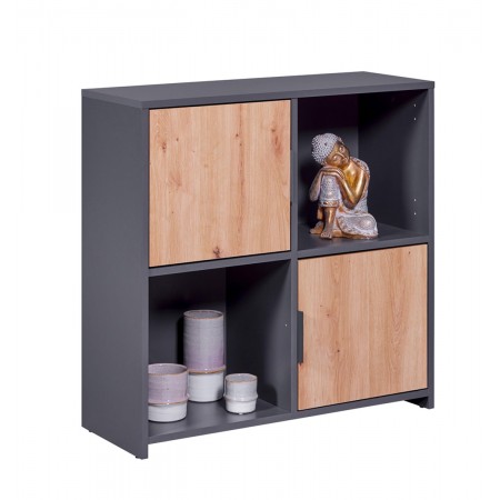 Mobile libreria a cubi grigio e quercia con sportelli e vani a giorno ingombro 77x30x77 cm