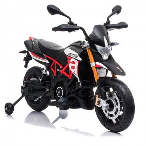 Moto elettrica Aprilia Dorsoduro a batteria 12 V 7 Ah con ruote stabilizzatrici laterali