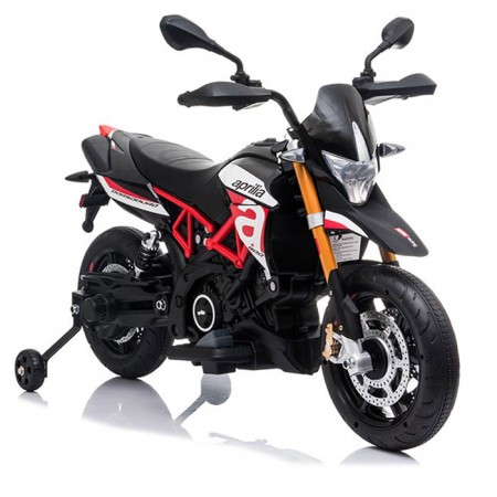 Moto elettrica Aprilia Dorsoduro a batteria 12 V 7 Ah con ruote stabilizzatrici laterali