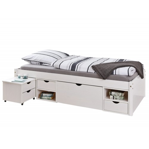 Letto Singolo Bianco 90x200 cm a doghe in legno con comodino e cassetti, materasso compatibile non incluso 90x200 cm