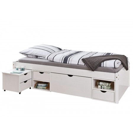 Letto Singolo Bianco 90x200 cm a doghe in legno con comodino e cassetti, materasso compatibile non incluso 90x200 cm