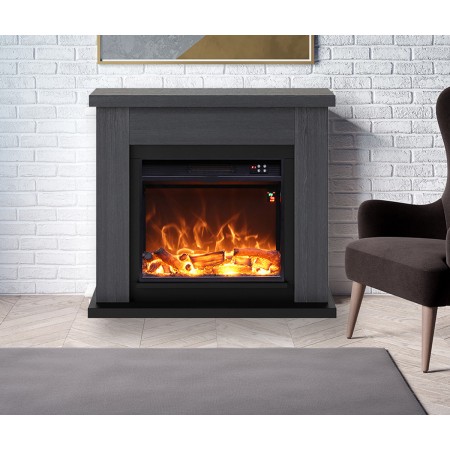 Camino Elettrico Ventilato con Cornice in Legno Grigio Fiamma Finta a Led| BricoShop24