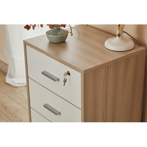 Cassettiera in Legno Olmo Bianca 3 Cassetti con Chiave Ruote Scrivania Ufficio | BricoShop24