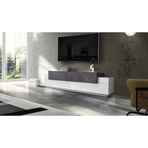 Mobile con Ante a Ribalta Bianco e Grigio Basso Porta TV Soggiorno Legno