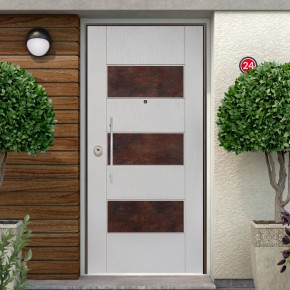 Portone Blindato per Esterno con Pannello Bianco e Inserti Corten