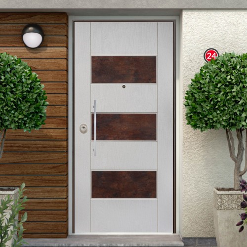 Portone Blindato per Esterno con Pannello Bianco e Inserti Corten