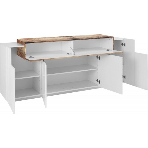 Moderna Madia Bianco e Acero Credenza con 4 Ante Mobile per Soggiorno