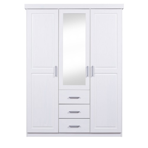 Armadio 3 Ante Bianco Specchio Cassetti Appendiabiti Camera da Letto