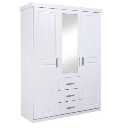 Armadio 3 Ante Bianco con Specchio Cassetti Appendiabiti Camera da Letto