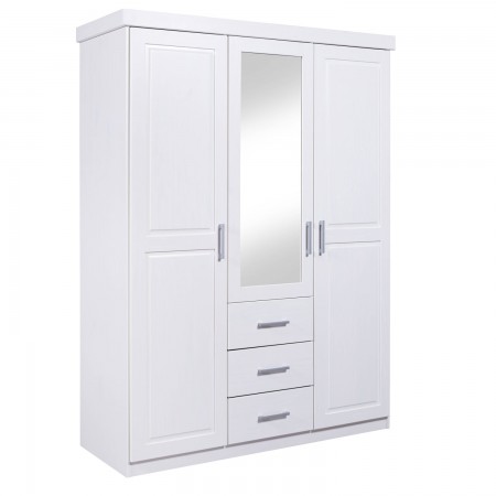 Armadio 3 Ante Bianco con Specchio Cassetti Appendiabiti Camera da Letto
