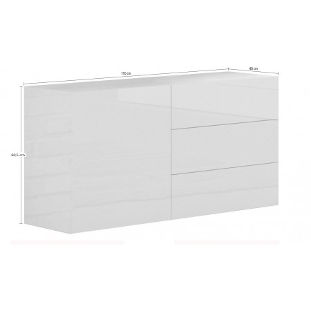 Credenza 110 cm Mobile con 3 Cassetti e 1 Ante Madia Bianco Lucido