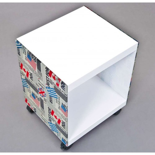 Tavolinetto Bianco con Decorazione Vetro Serigrafato Tavolino con Ruote