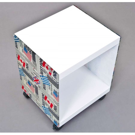Tavolinetto Bianco con Decorazione Vetro Serigrafato Tavolino con Ruote