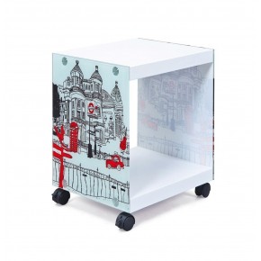 Tavolino con Ruote Comodino Bianco con Decorazione Vetro Serigrafato