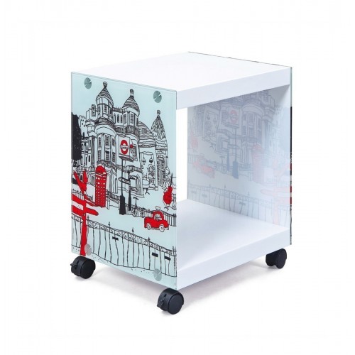 Tavolino con Ruote Comodino Bianco con Decorazione Vetro Serigrafato