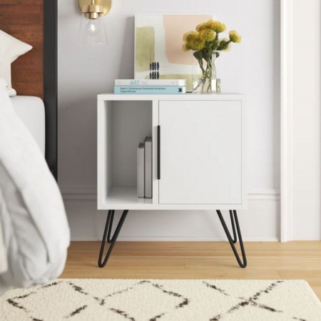 Comodino con Anta e Vano Salvaspazio per Camera da Letto Bianco Moderno