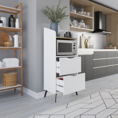 Mobiletto Porta Microonde Multiuso in Legno con Cassetti da Cucina Bianco