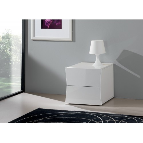 Comodino 2 Cassetti in Legno Bianco Lucido Design Camera da Letto Minimal