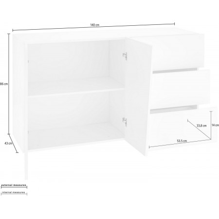 Madia 140 cm Credenza Laccato Bianco Mobile con 3 Cassetti e 2 Ante