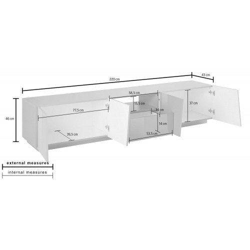 Mobile Porta TV Bianco con 4 Ante 220 cm Madia Bassa per Soggiorno