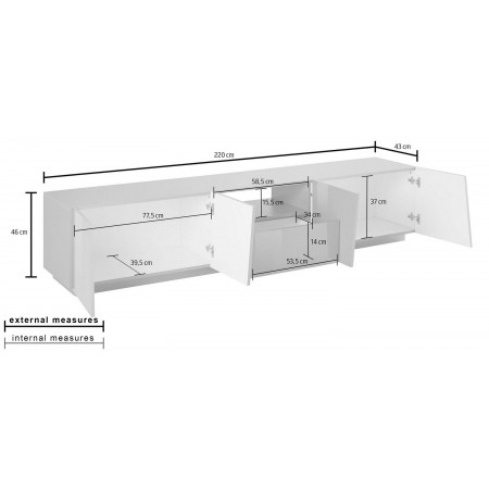 Mobile Porta TV con 4 Ante Madia Bassa Ardesia 220 cm per Soggiorno