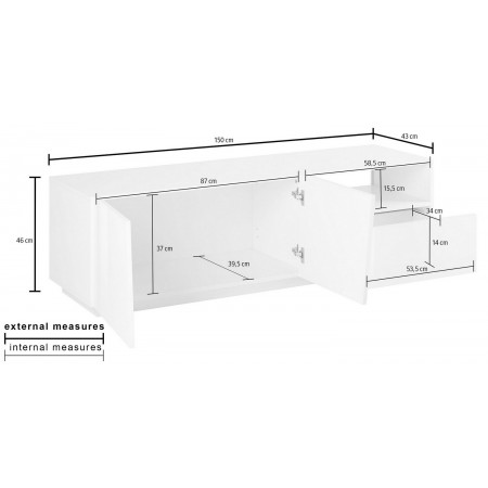 Mobile Porta TV Bianco Madia con 2 Ante 150 cm Bassa per Soggiorno