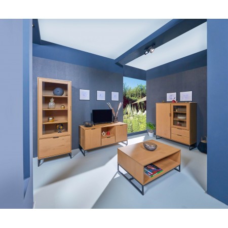 Credenza con Anta a Vetro e Ripiani Vetrina in Legno Quercia da Ingresso