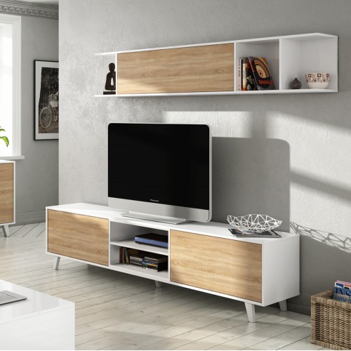 Mobile TV Moderno Bianco Rovere Parete Attrezzata Soggiorno Pensile Sospeso Ante
