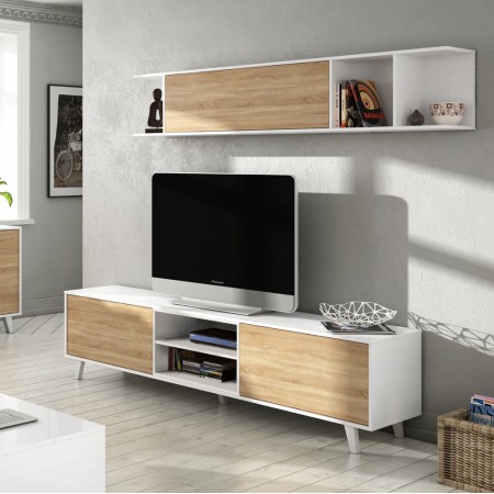 Mobile TV Moderno Bianco Rovere Parete Attrezzata Soggiorno Pensile Sospeso Ante