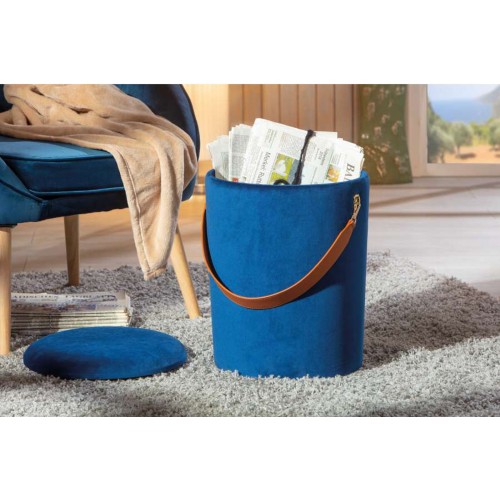 Pouff Contenitore Blu Tondo Puff Portaoggetti Sgabello con Maniglia