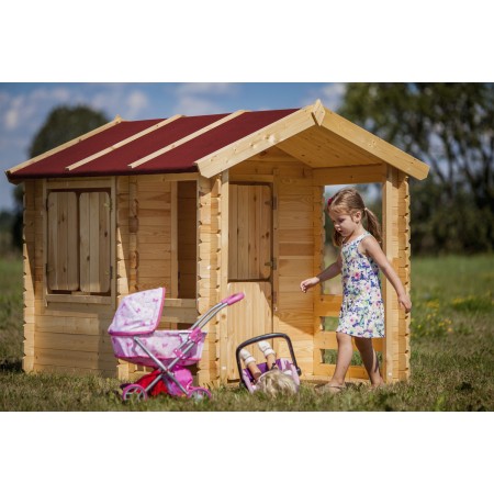 Casetta Timbela per Bambini in Legno con Veranda da Esterno e Giardino