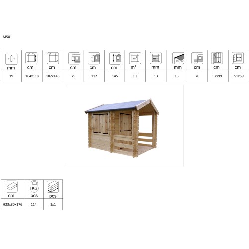 Casetta Timbela per Bambini in Legno con Veranda da Esterno e Giardino