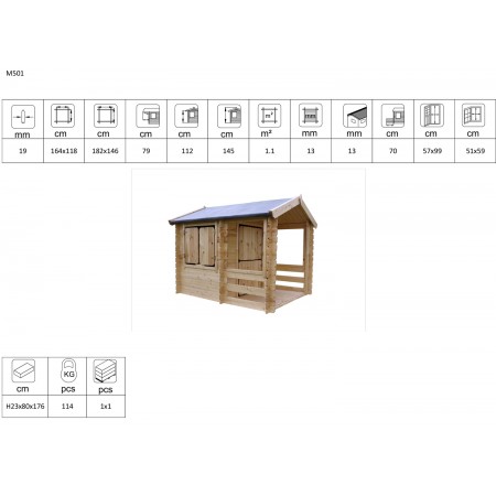 Casetta Timbela per Bambini in Legno con Veranda da Esterno e Giardino