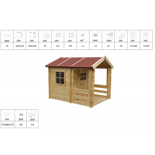 Casetta per Bambini Timbela con Veranda da Giardino in Legno di Pino
