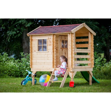 Casetta per Bambini con Veranda e Scivolo Timbela da Giardino in Legno