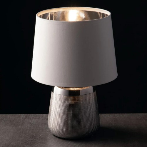 Lampada da Tavolo in Ceramica Argento con Paralume Bianco Elegante