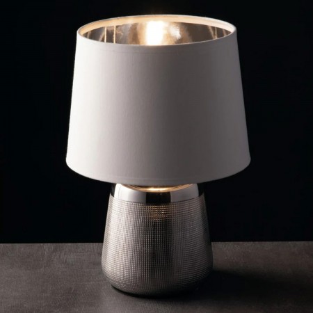 Lampada da Tavolo in Ceramica Argento con Paralume Bianco Elegante