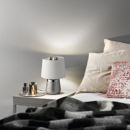 Lampada da Tavolo in Ceramica Argento con Paralume Bianco Elegante