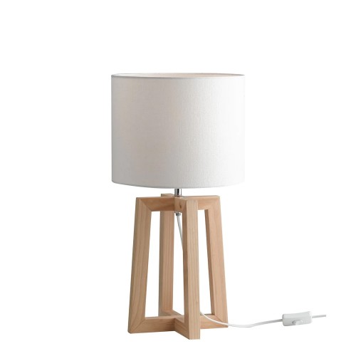 Lampada in Legno Lumetto da Tavolo con Paralume in Tessuto Bianco