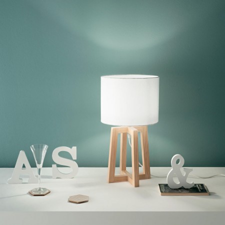 Lampada in Legno Lumetto da Tavolo con Paralume in Tessuto Bianco