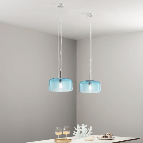 Lampadario da Interno a Sospensione Elegante Blu Luce in Vetro Soffiato
